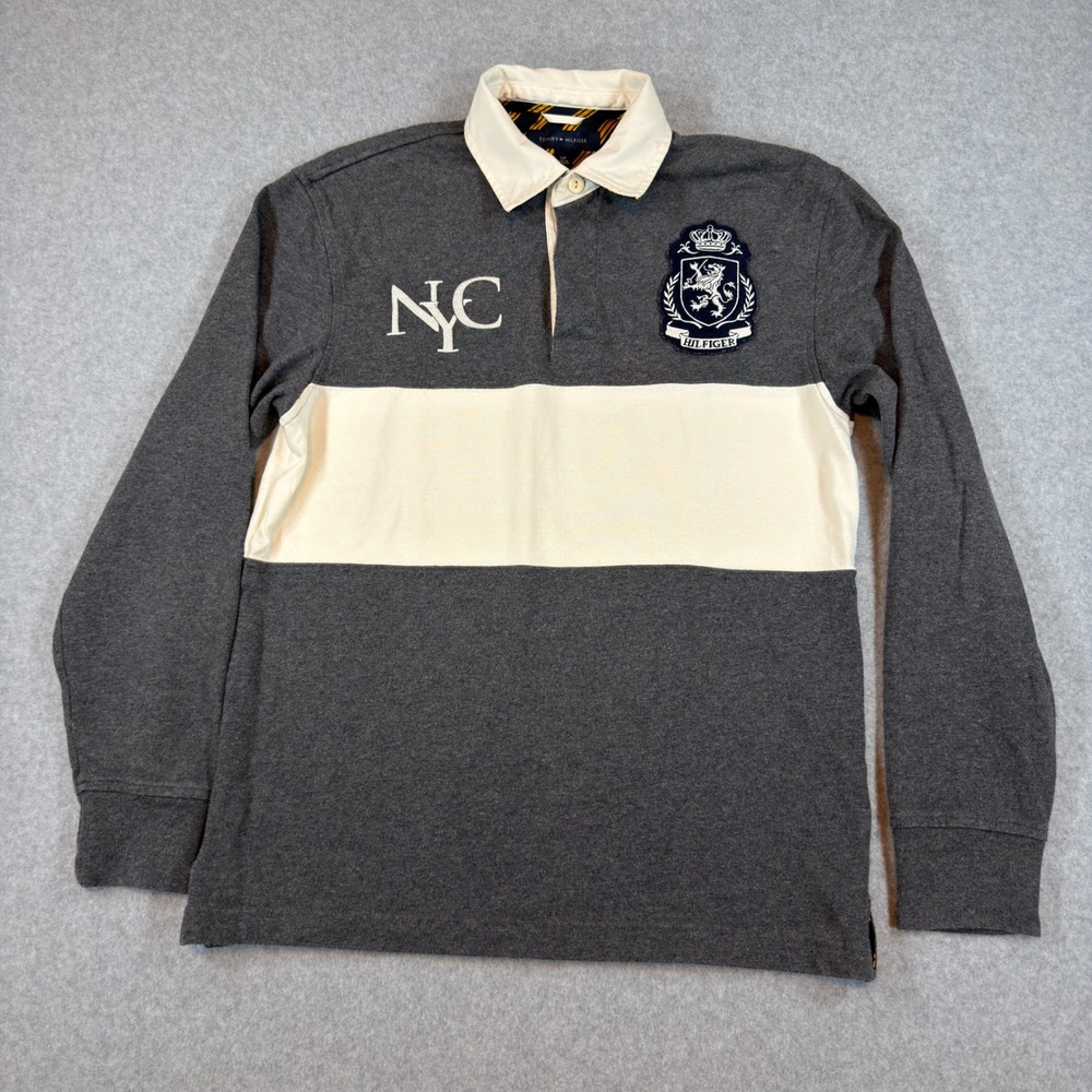 Tommy Hilfiger Rugby Shirt Mens S Gray NYC Long Sleeve Polo Preppy Collegiate